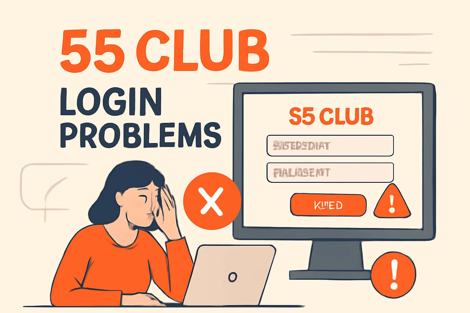 A neutral themed illustration depicting login issues related to 55 Club accounts.